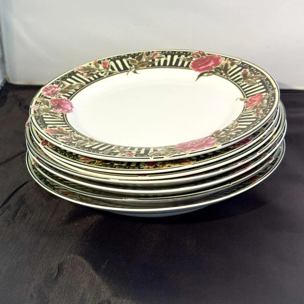 Gibson China Rose Floral Soup Bowls 4 & Dessert Plates 3 Black White Striped